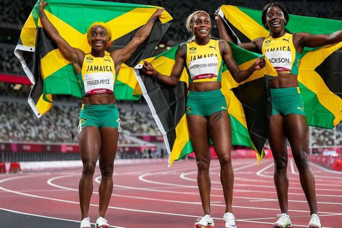 Shelly-Ann Fraser-Pryce, Elaine Thompson-Herah and Sharicka Jackson