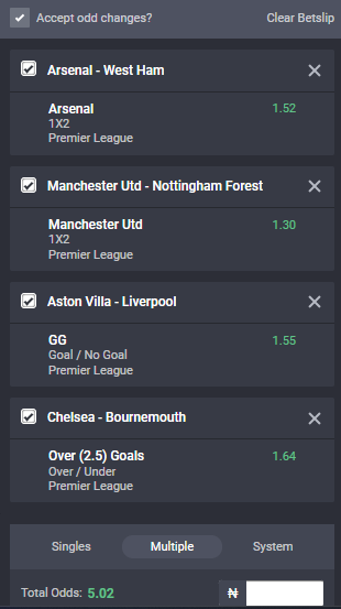 Bet9ja odds for the Premier League