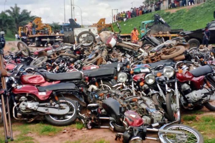 Impounded commercial motorcycles waiting to be crushed by a Join Task Force in Abuja.
