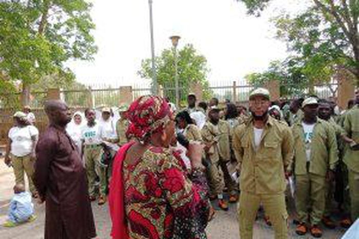 Mrs Rifkatu Yakubu, Bauchi state Coordinator of NYSC addressing the corps member in Bauchi on Thursday. [NAN]