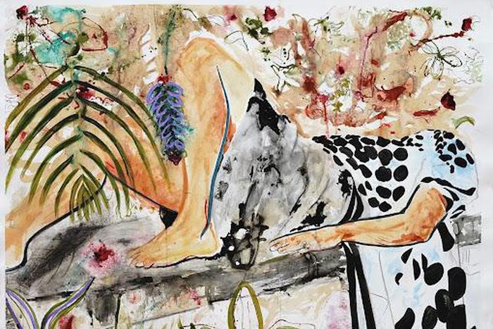 Christian Van Moolhop, 2022, by Joy Labinjo. Presented by Tiwani Contemporary |  Crimson Bush, 2023, by Mona Taha. Presented by Afriart Gallery