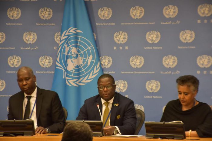 L-R: Amb. Tijjani Muhammad-Bande, Permanent Representative of Nigeria to the UN; the Chair of the African Group at UN, Amb. Chola Milambo and Permanent Representative of Eritrea to the UN, Amb. Sophia Tesfamariam.