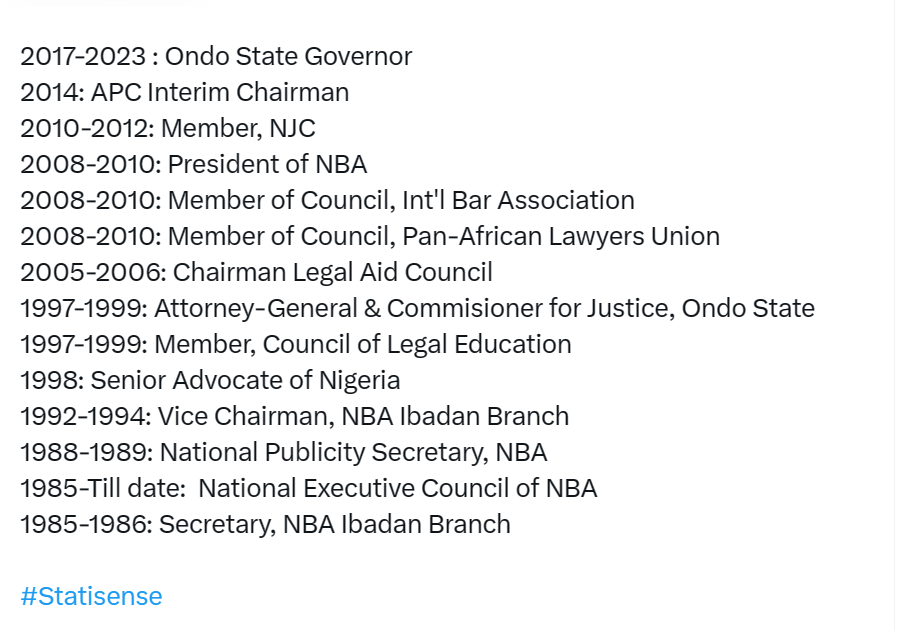 A list of Governor Akeredolu's leadership positions [X/Statisense]