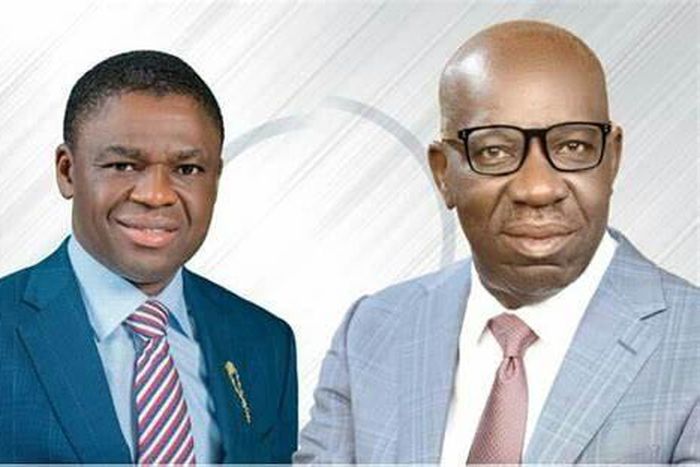 (R-L) Edo State Governor, Godwin Obaseki and his deputy, Philip Shaibu Leadership. [Leadership]