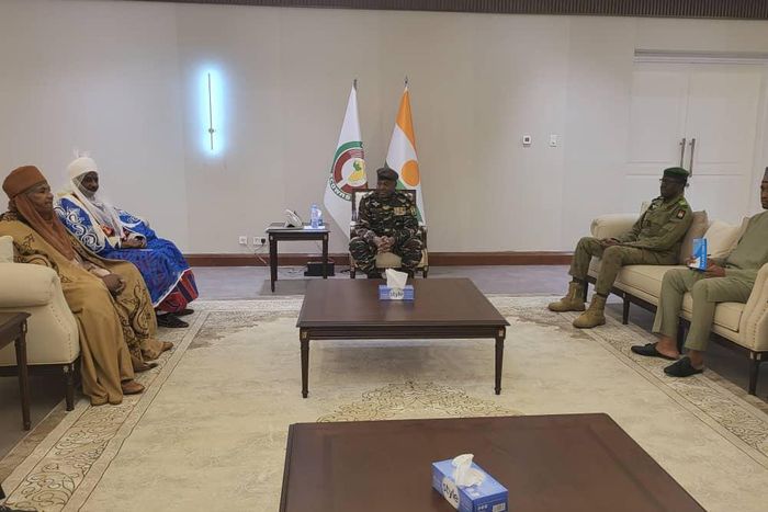 Former CBN Governor, Lamido Sanusi (far left) with Aboubacar Sanda Oumarou, the Sultan of Damagaran, a city in Niger in a meeting with the leaders of the junta in the Republic of Niger. [Daily Trust]