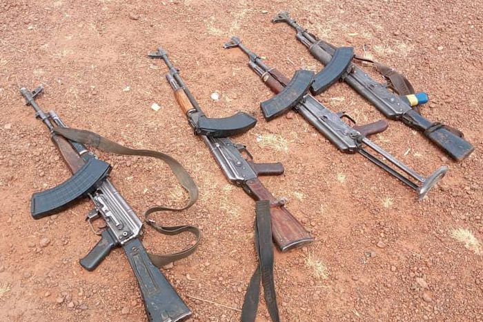 The four AK-47 rifles recovered by troops of 1 Division Nigerian Army on Friday in Kaduna.
