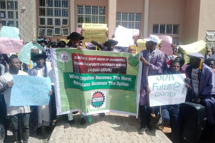 ASUU protests withheld salaries at Usmanu Danfodiyo University, Sokoto.