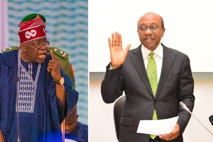 President Bola Tinubu (left) and Godwin Emefiele (right)