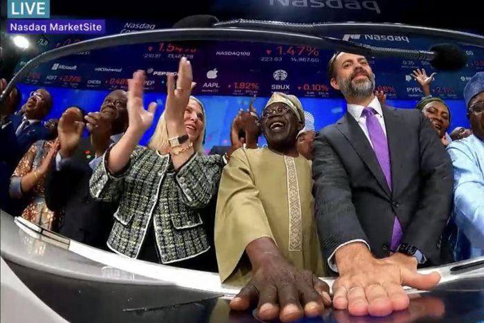 President Bola Tinubu rings the closing bell at NASDAQ in New York. [X:@NasdaqExchange]