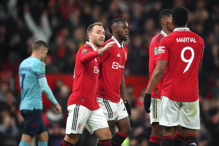 Christian Eriksen celebrates after scoring the opening goal for Manchester United against Burnley