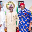 L-R: Lagos State Governor, Mr Babajide Sanwo-Olu flanked by Federal House of Representatives Elects, Speakership Aspirant, Hon Tajudeen Abbas (left) and Deputy Speakership Aspirant, Hon Benjamin Kalu (right) during a courtesy visit to the Governor by t...