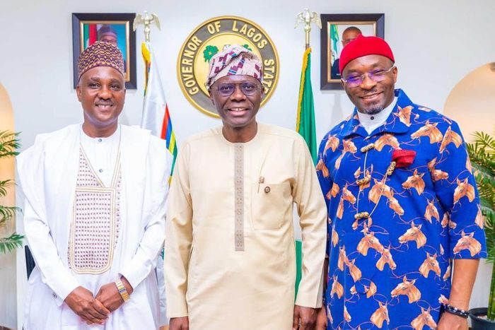 L-R: Lagos State Governor, Mr Babajide Sanwo-Olu flanked by Federal House of Representatives Elects, Speakership Aspirant, Hon Tajudeen Abbas (left) and Deputy Speakership Aspirant, Hon Benjamin Kalu (right) during a courtesy visit to the Governor by t...
