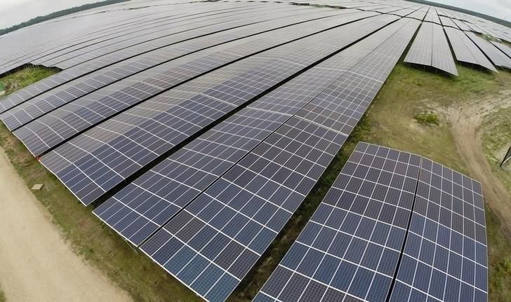 A general view shows solar panels used to produce renewable energy at the photovoltaic park in Cestas, southwestern France, June 19, 2015. REUTERS/Regis Duvignau