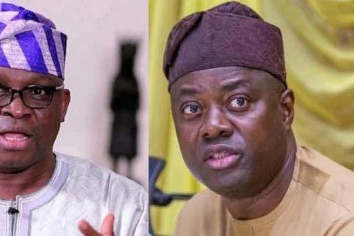 Former Ekiti state Governor, Ayodele Fayose (L) and Governor Seyi Makinde of Oyo state (R).