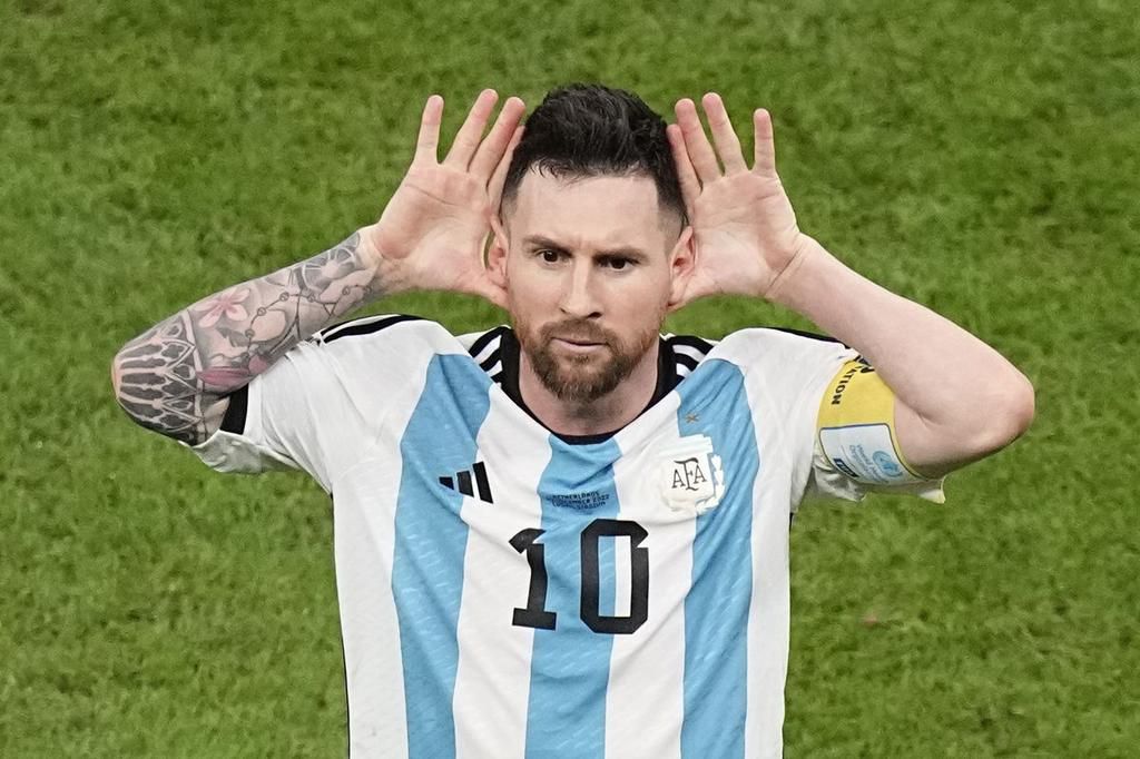 Lionel Messi celebrating after scoring for Argentina against the Netherlands in the World Cup quarter-final on December 9, 2022.