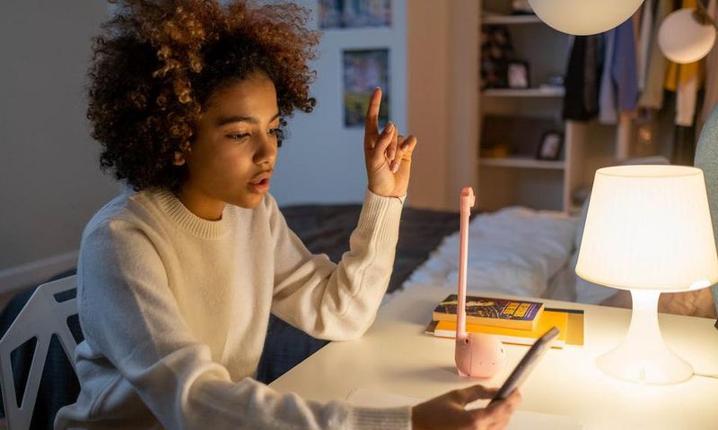 A teenager sitting on a desk while holding a phone [Image Credit: Cottonbro Studio]