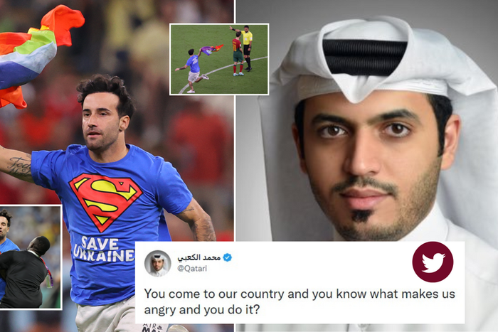 A Qatari journalist triggers reactions on social media after slamming a World Cup pitch invader over rainbow flag and controversial T-shirt