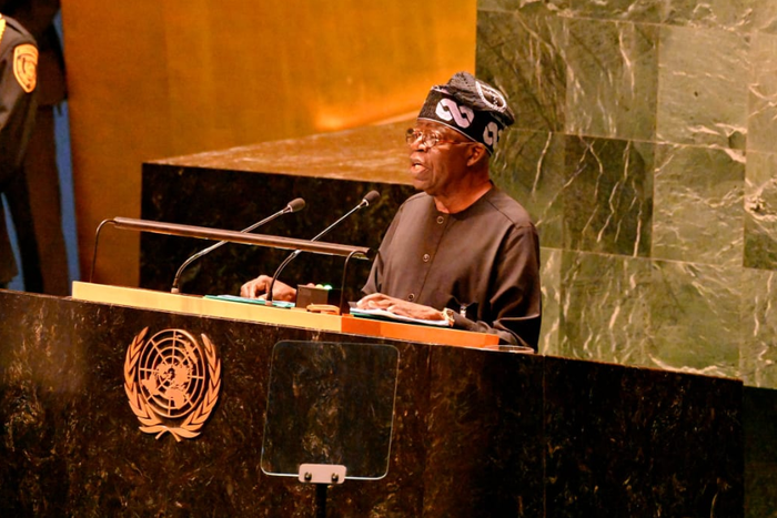 President Tinubu delivering his first presentastion at UNGA [Twitter/@TheML007]