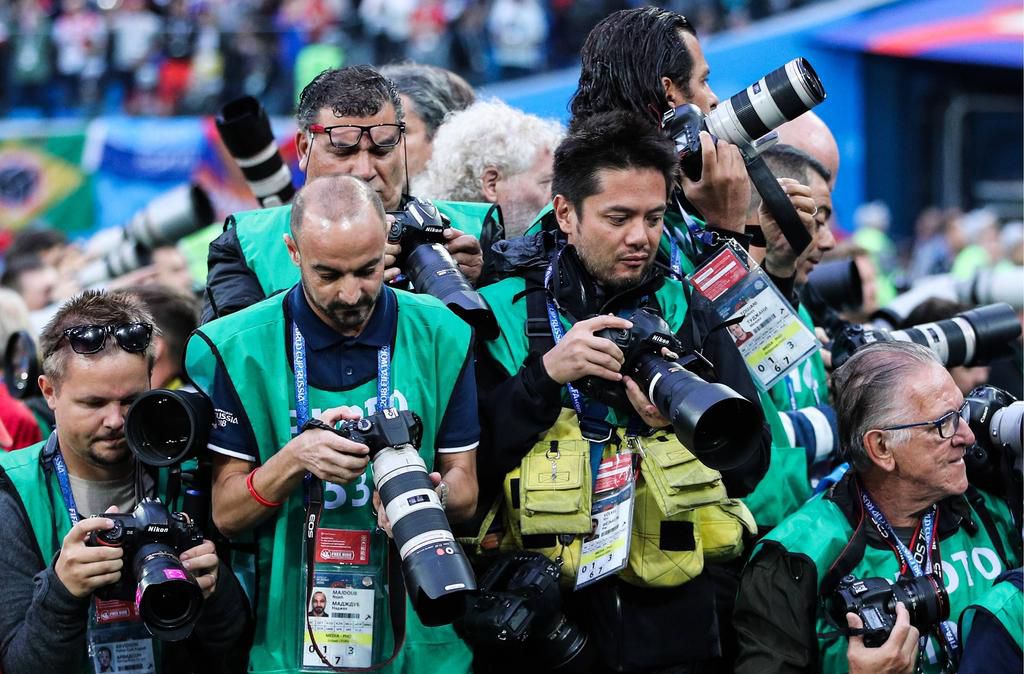 Photographers during the 2018 FIFA World Cup Semi-final match between France and Belgium at Saint Petersburg Stadium on July 10, 2018.