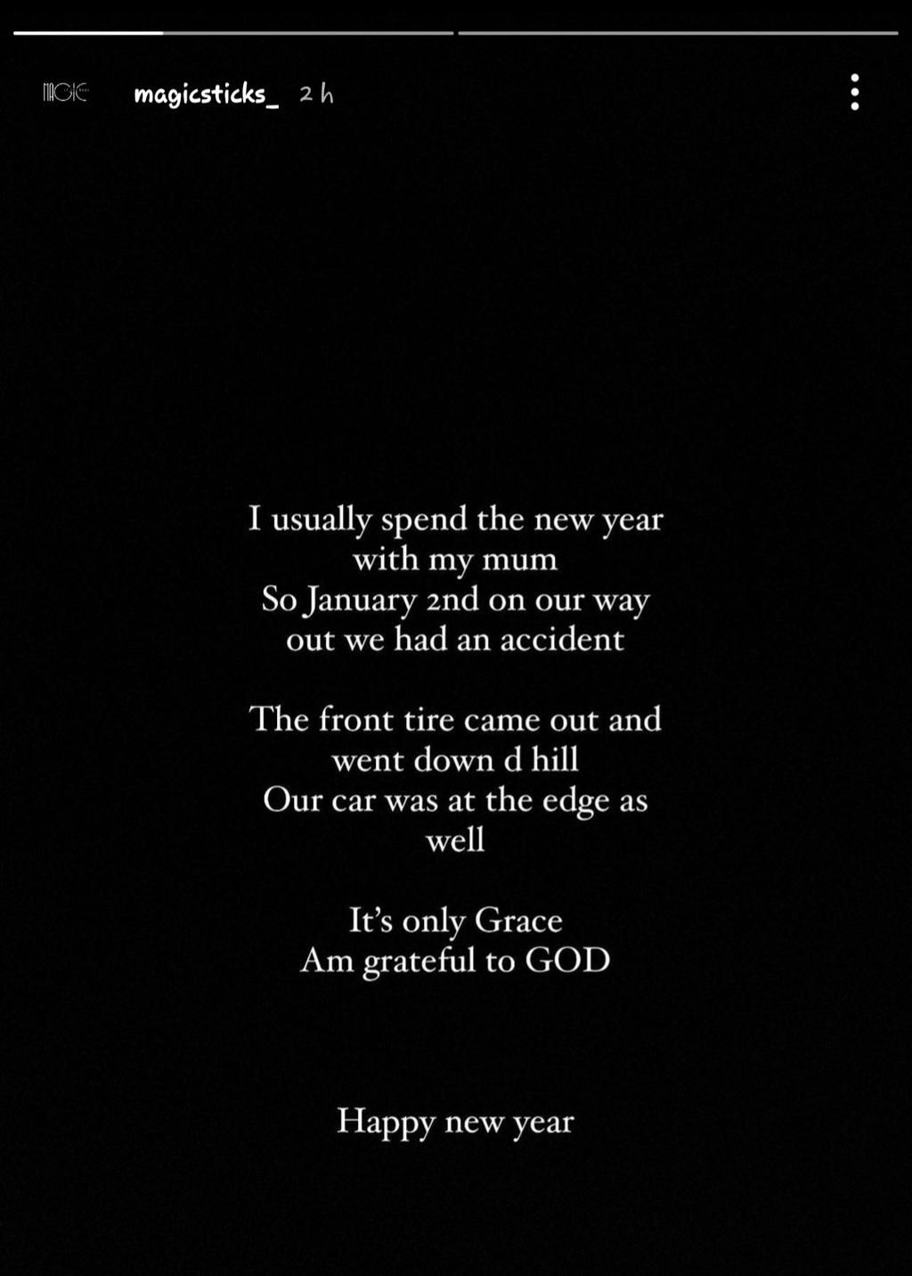 Music producer Magicsticks survives accident with mum [Instagram Story}
