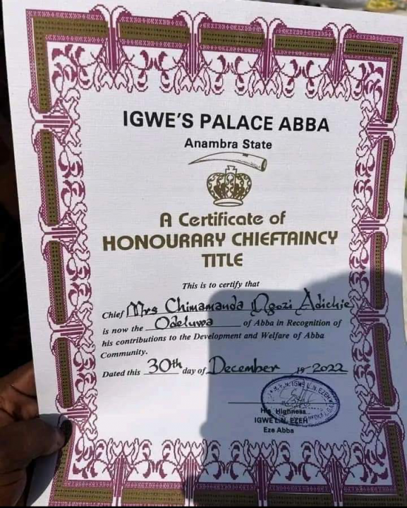 Chimamanda bags chieftaincy title