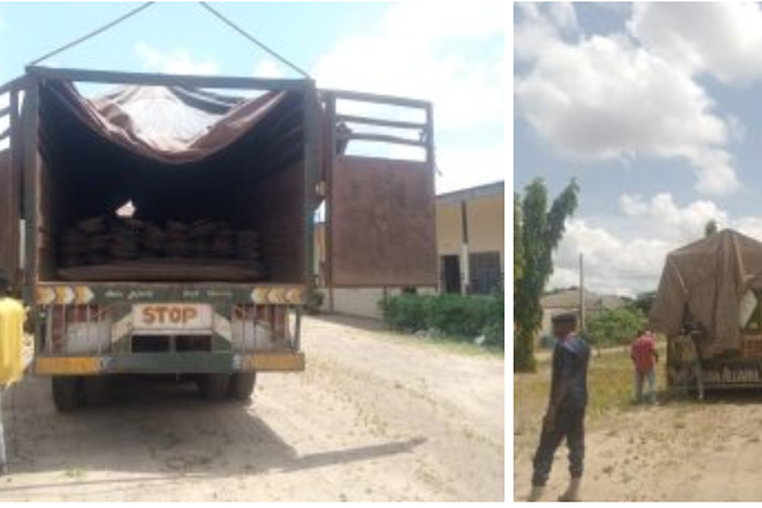 NSCDC State Commandant, Umar Mohammed displaying two trucks Railway tracks intercepted at Ooloru area of Kwara, in Ilorin on Wednesday.