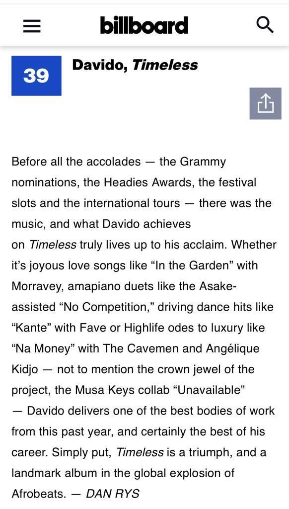 Davido's 'Timeless' makes Billboard Staff list for Top 50 albums of 2023