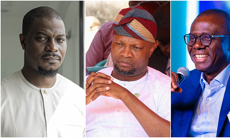 The LP 2023 governorship candidate in Lagos, Gbadebo Rhodes-Vivour, his PDP counterpart, Abdul Azeez Olajide Adediran and Governor Babajide Sanwo-Olu of Lagos State. [Channels TV]