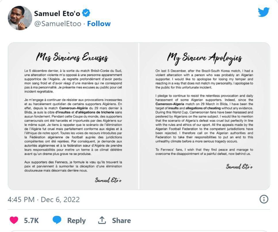 Samuel Eto'o apology