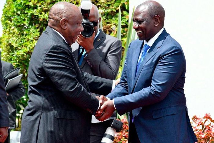 President William Ruto (right) welcomes South African President Cyril Ramaphosa at State House Nairobi on November 9, 2022