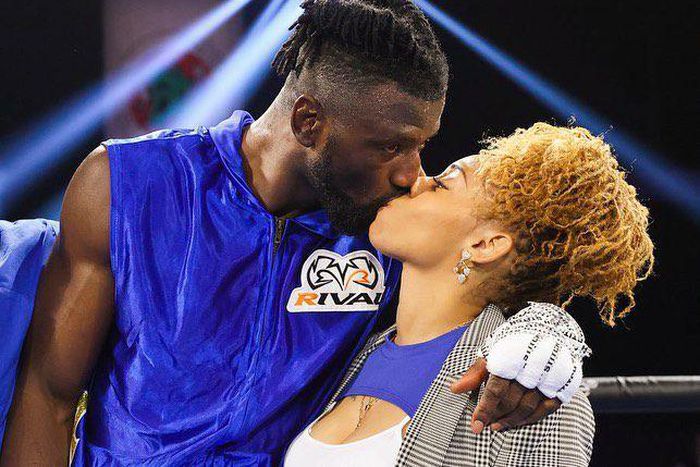 Efe Ajagba shows off his partner after defeating Stephan Shaw in New York