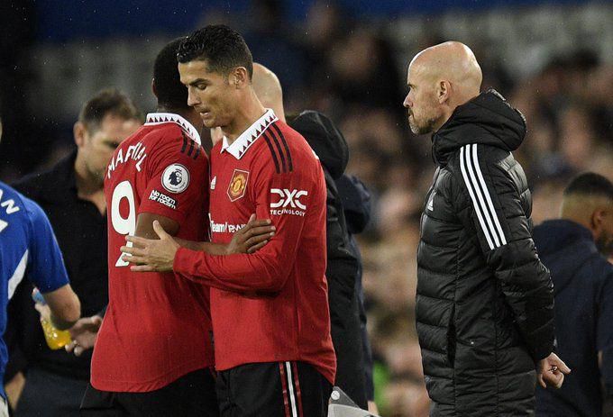 Cristiano Ronaldo (left) being substituted by Manchester United manager Erik ten Hag
