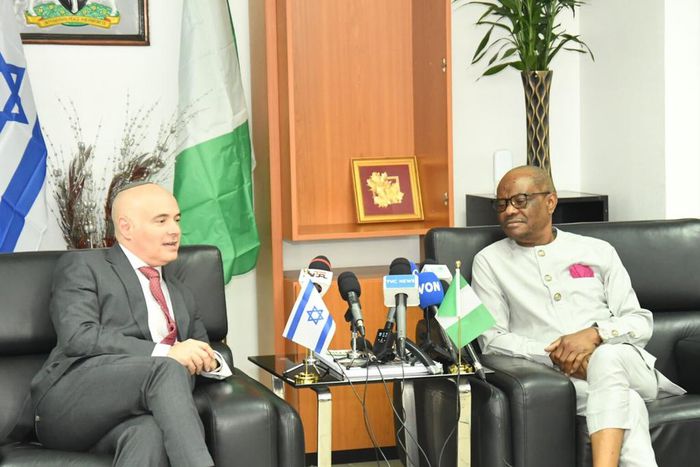 Israeli-Ambassador-to-Nigeria-Mr-Michael-Freeman-and-Minister-of-the-Federal-Capital-Territory-Nyesom-Wike-when-the-ambassador-visited-the-minister-in-his-office-in-Abuja-on-Tuesday (Credit: NAN)