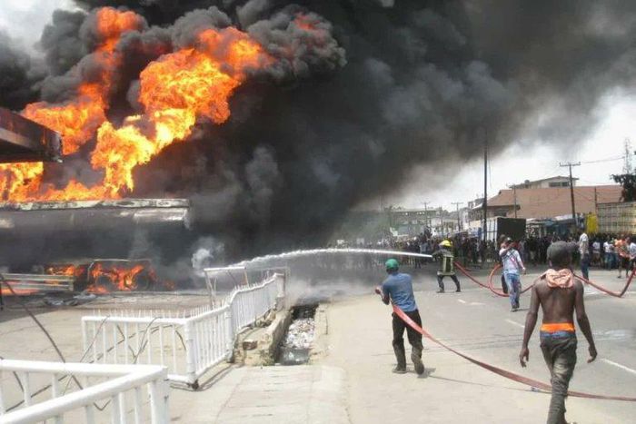 Tanker on fire at petrol station in Lagos. [Twitter:NaijaPR]