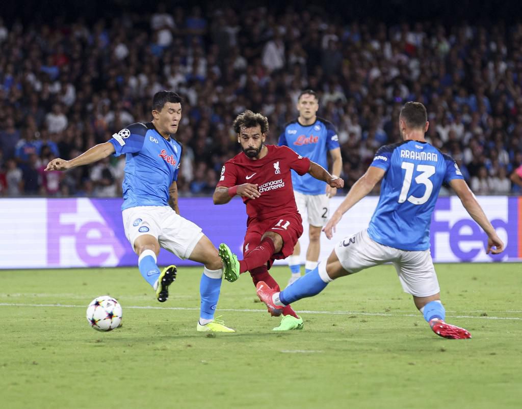 Mohamed Salah of Liverpool shoots to score against Napoli on September 7, 2022.