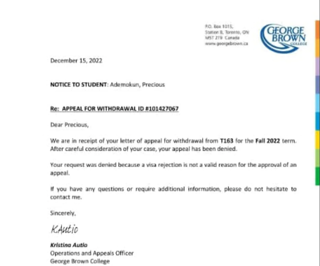 A copy of letter from George Brown College denying Ademokun a refund..