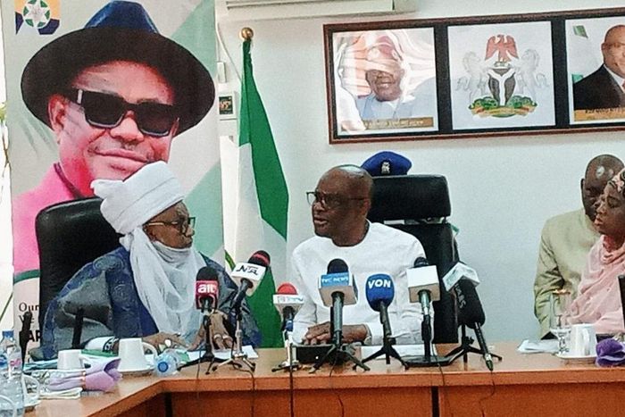 From L-R: Chairman, Abuja National Mosque Management Board, Etsu of Nupe, Alhaji Yahaya Abubakar; Minister of FCT, Mr Nyesom Wike; and Minister of State for FCT, Dr Mariya Mahmoud, during a visit by members of the Mosque management board in Abuja on We...