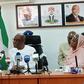 From L-R: Chairman, Abuja National Mosque Management Board, Etsu of Nupe, Alhaji Yahaya Abubakar; Minister of FCT, Mr Nyesom Wike; and Minister of State for FCT, Dr Mariya Mahmoud, during a visit by members of the Mosque management board in Abuja on We...