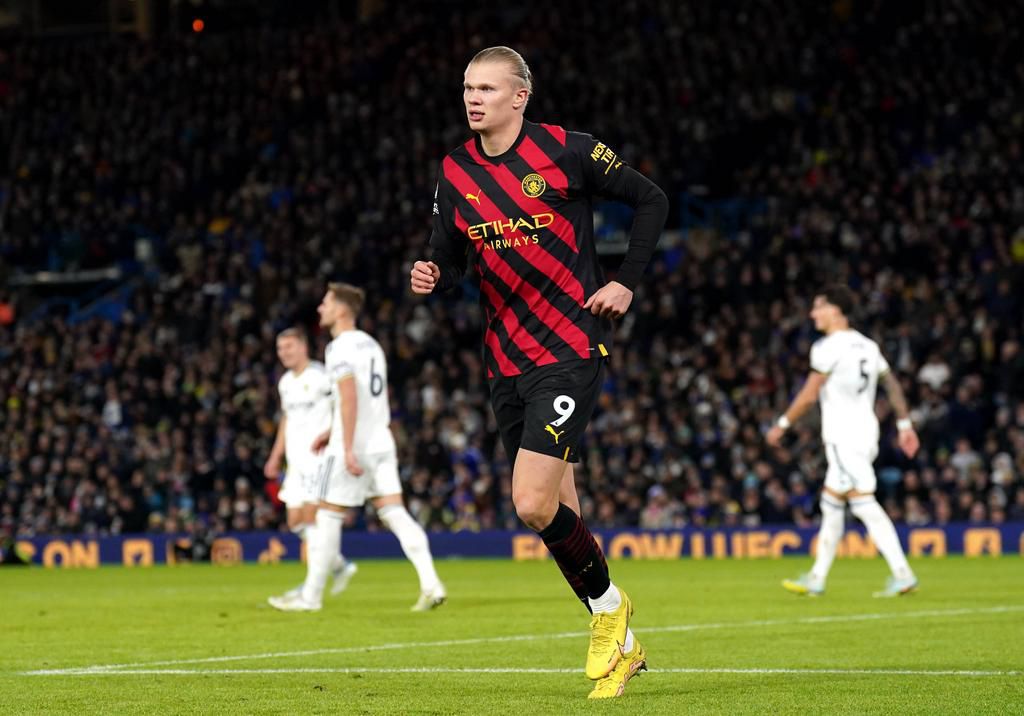 Manchester City's Erling Haaland during the FA Premier League match between Leeds United FC and Manchester City FC at Elland Road on December 28, 2022.