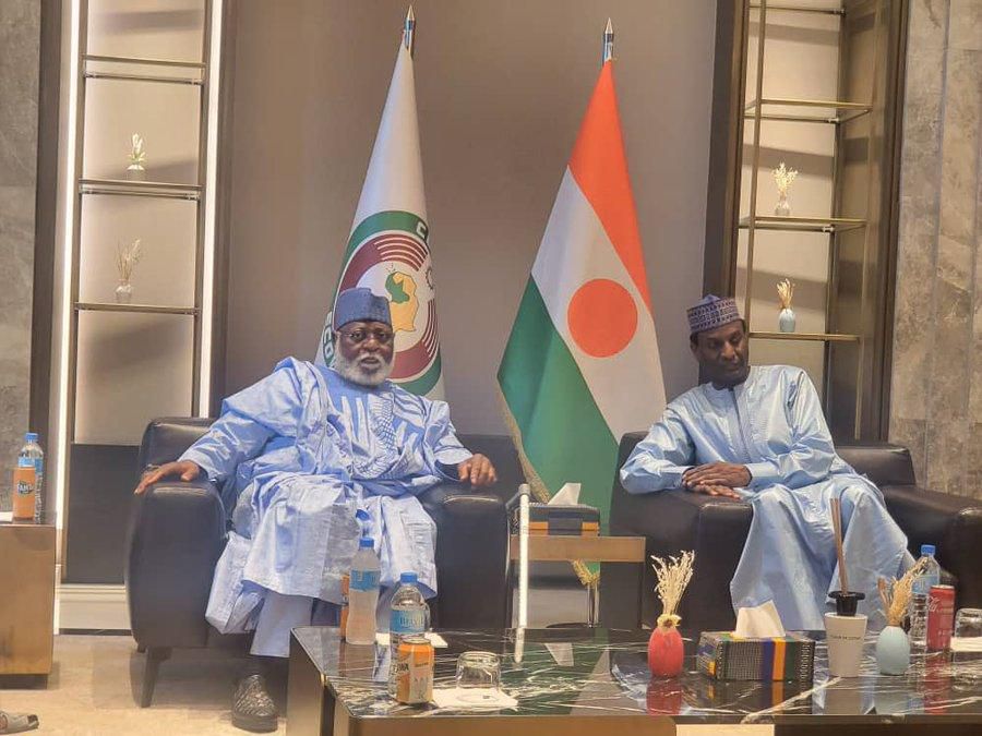 Retired General Abdulsalami Abubakar (left) with an ECOWAS representative at the state house to brief President Bola Tinubu on visit to the military junta in Niger. [Punch]