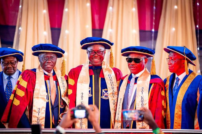 From left: Chief Tunde Afolabi, the Chancellor, Ajayi Crowther University, Gov. Babajide Sanwo-Olu, Gov. Seyi Makinde, Chief Wole Olanipekun, Pro-Chancellor, and Gov. Nyesom Wike during the conferment of Honourary Doctorate Degree(Honoris Causa) on the...