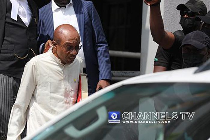 Emefiele leaves Federal High Court on Tuesday, July 25, 2023 [Channels TV]