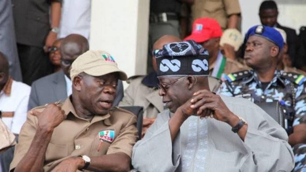 APC National Chairman, Comrade Adams Oshiomhole and National Leader, Bola Ahmed Tinubu. [PM News]