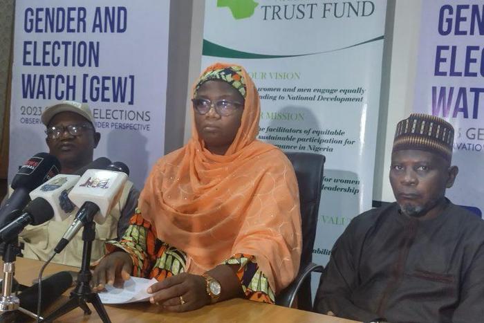 From Left to Right): Mr Saka Azimazi, Human Rights Expert; Mufuliat Fijabi, CEO of GEW Room of NWTF and Mr Rabiu Sabo, Technical Expert in GEW during a post-election press briefing of GEW on Presidential and National Assembly elections on Wednesday in ...