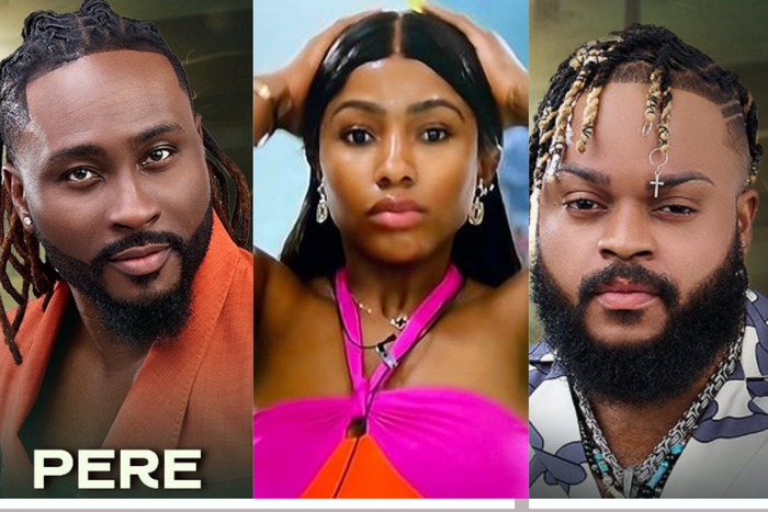 Mercy seals the pool party with a kiss with Pere and Whitemoney on BBNaija All Stars. [Instagram/bigbronaija]