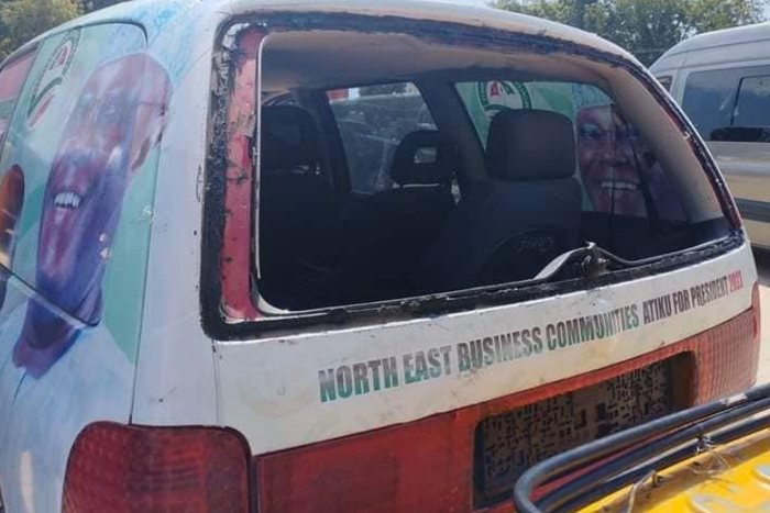 One of the vehicles attacked in Maiduguri . (@Topboychriss/Twitter)