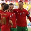 Cristiano Ronaldo of Portugal celebrates with Diogo Jota and Bernardo Silva after scoring their side's first goal during the UEFA Euro 2020 Championship Group F match between Portugal and Germany