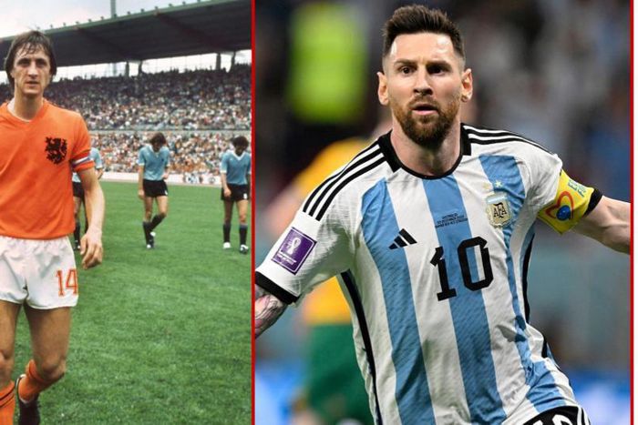 Netherlands legend Johan Cruyff (L) and Argentina Legend Lionel Messi (R)