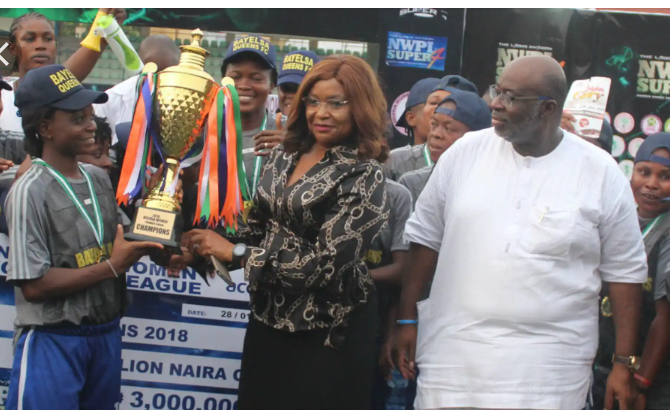 Joy Jerry taking the title from Aisha Falode, the NWFL Chief