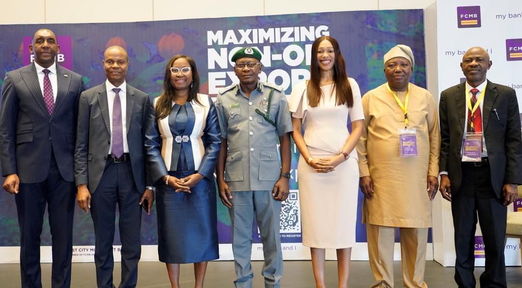 From left: Executive Director, Wholesale Banking, First City Monument Bank (FCMB), Mr. Obaro Odeghe; Head, Strategic Planning, Nigerian Export Import Bank, Mr. Tayo Omidiji; Managing Director, FCMB, Mrs. Yemisi Edun; Customs Area Controller, Kirikiri L...